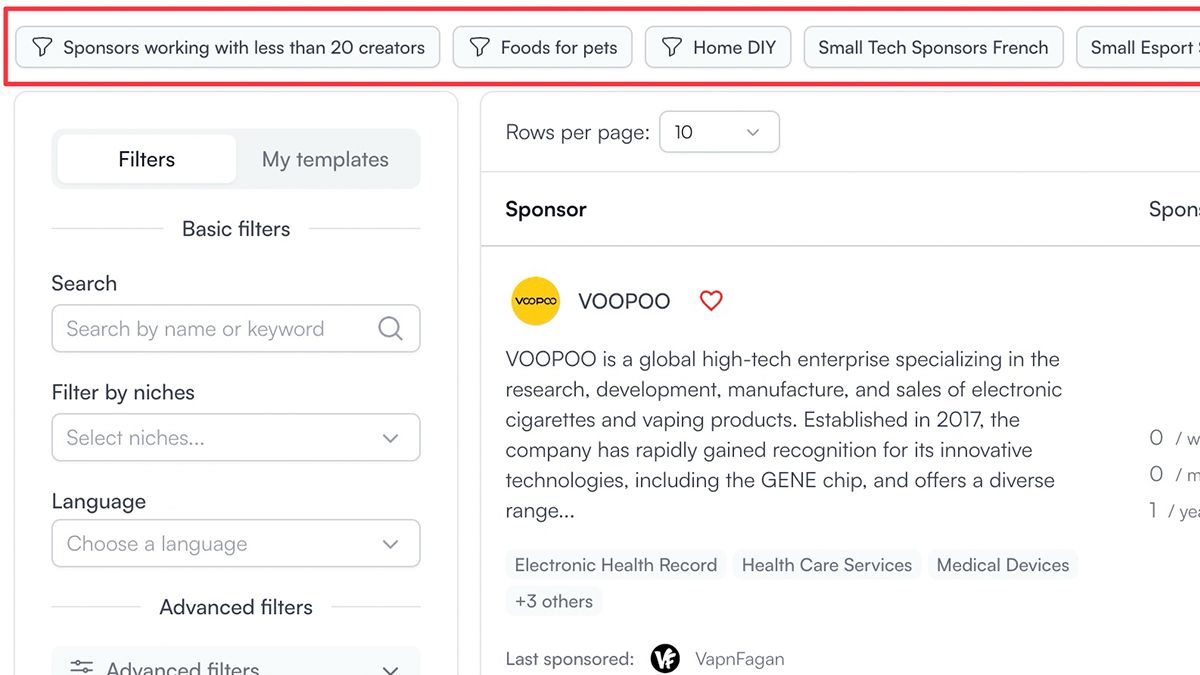 Recherches de Sponsors Sauvegardées